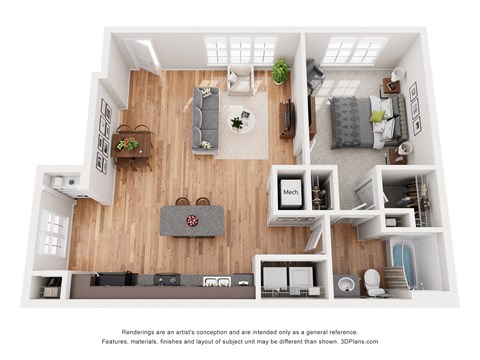 a 1 bedroom floorplan is shown in this rendering